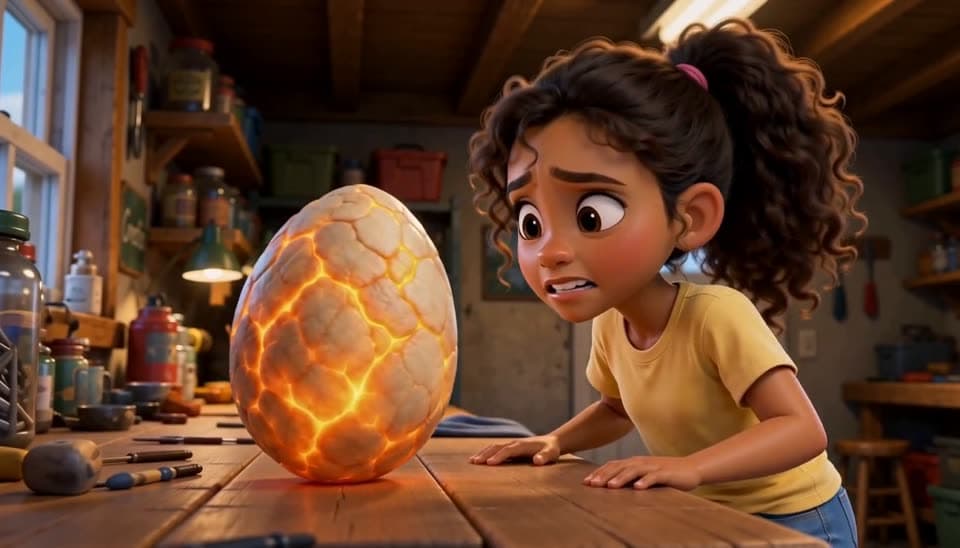 Lena leaning over a glowing dragon egg on the garage workbench