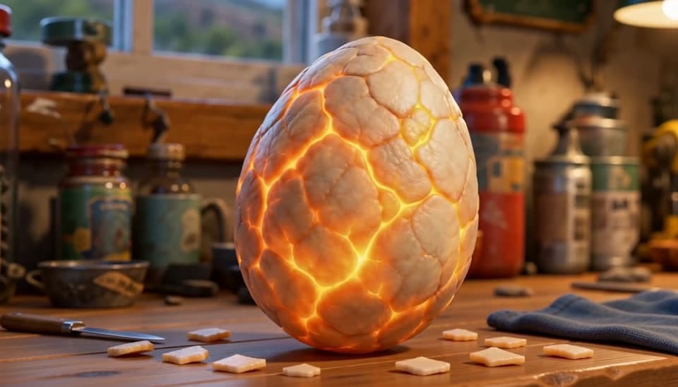The glowing egg rocking on the workbench as flakes fall off