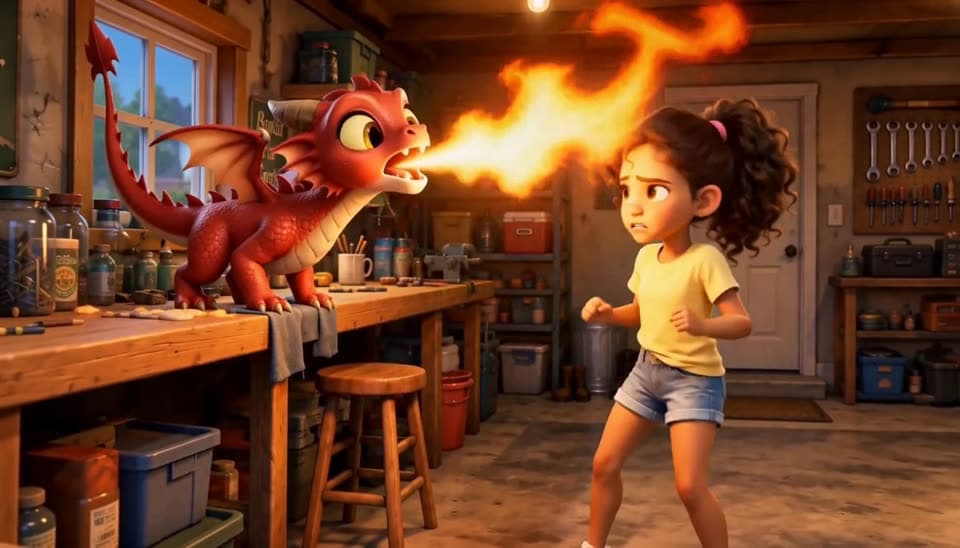 The baby dragon sneezing fire as Lena stumbles back from the workbench