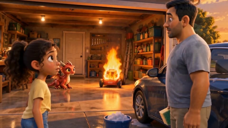 Marcus seeing his lawnmower burning in the garage