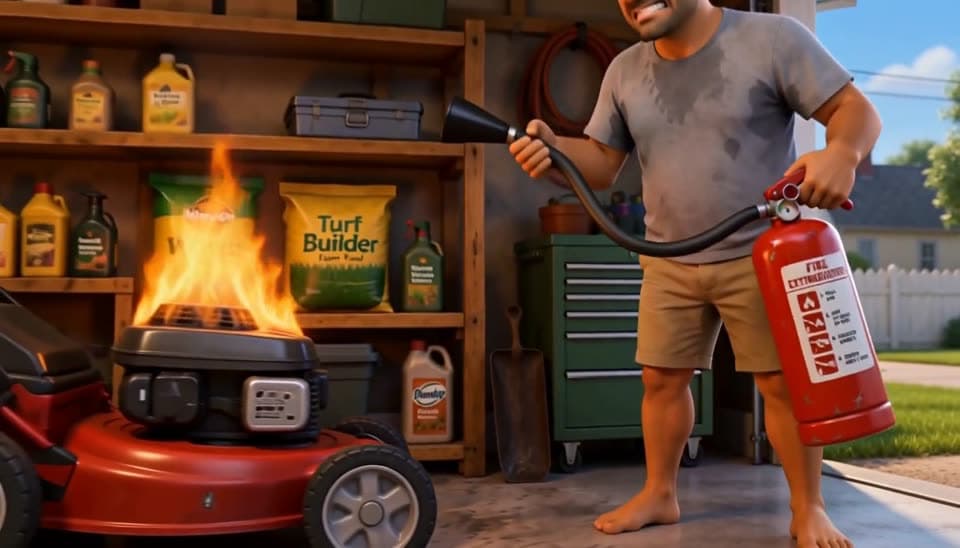 Marcus spraying the burning lawnmower with a fire extinguisher