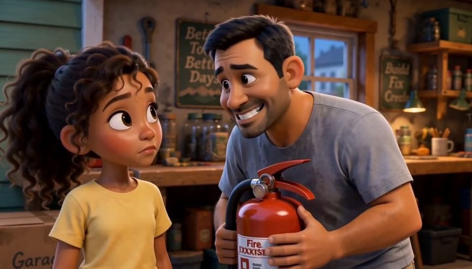 Marcus holding the fire extinguisher and grinning at Lena