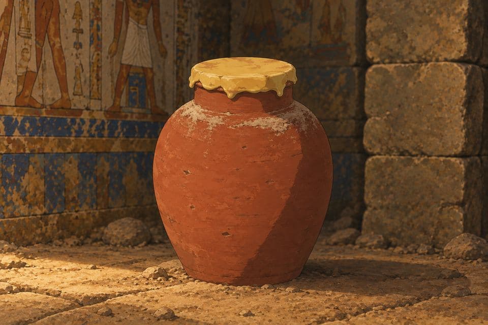 A sealed honey jar on the stone floor of an ancient Egyptian tomb