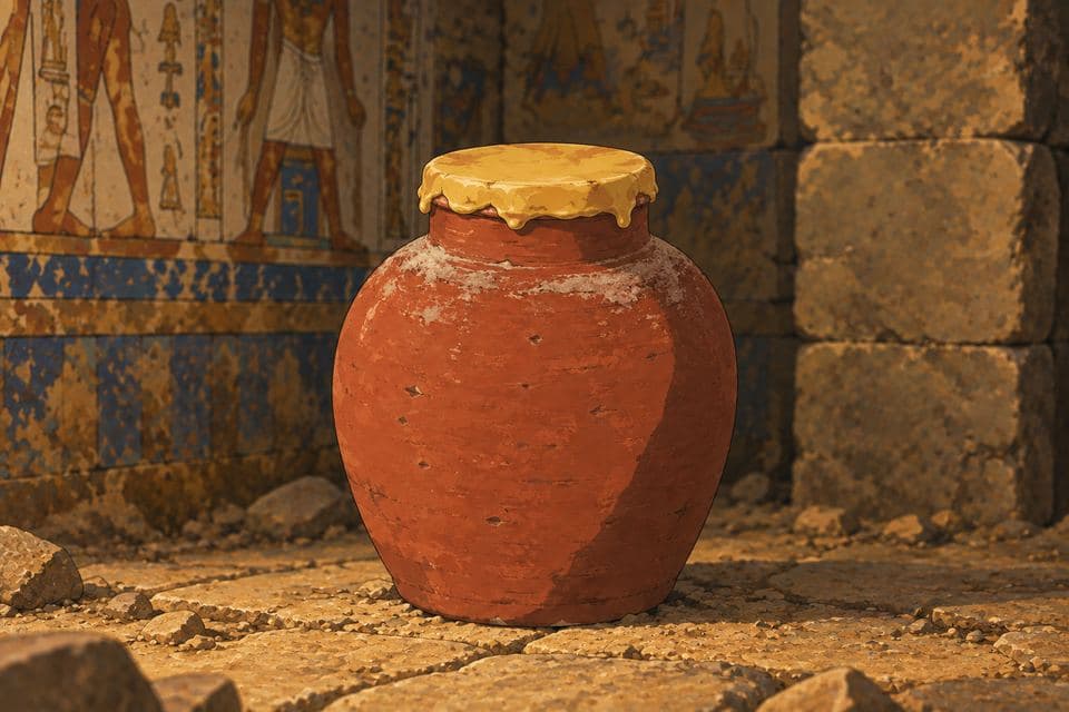 Close-up of the sealed honey jar in the tomb