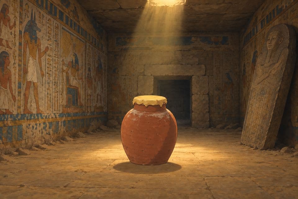 Wide shot of the burial chamber with the honey jar waiting