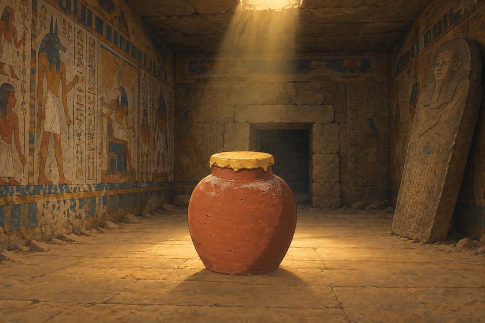 Wide shot of the burial chamber with the honey jar in the center