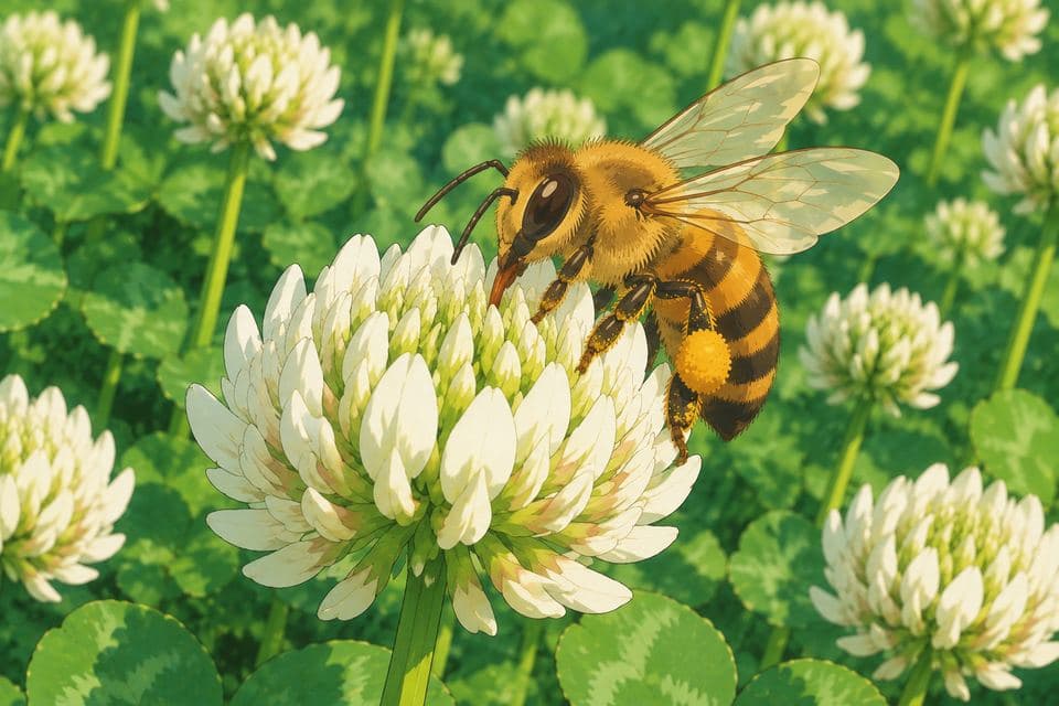Bella the bee drinking nectar from a white clover blossom