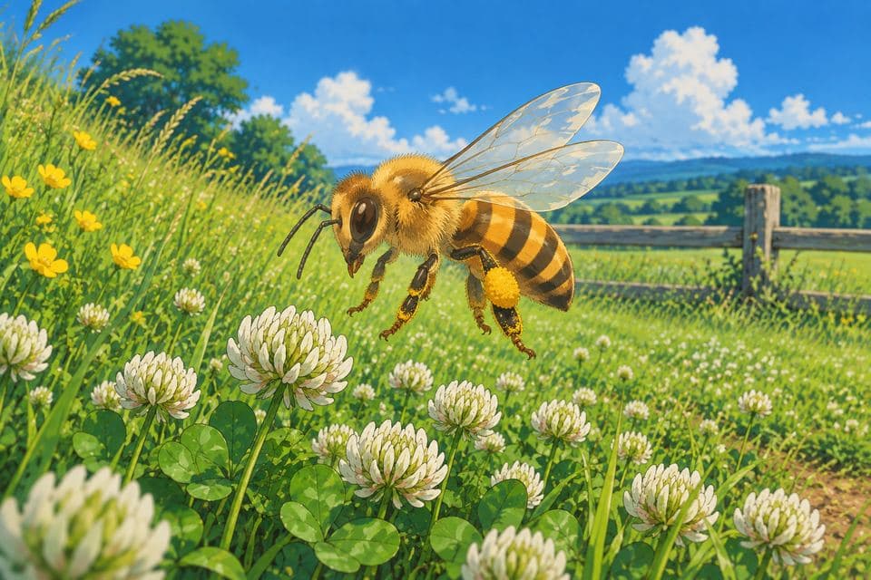 Bella hovering above the clover in a sunlit field