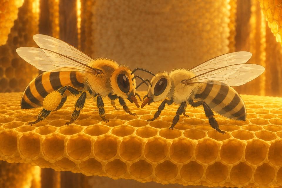 Bella passing nectar mouth to mouth to Hazel on the honeycomb