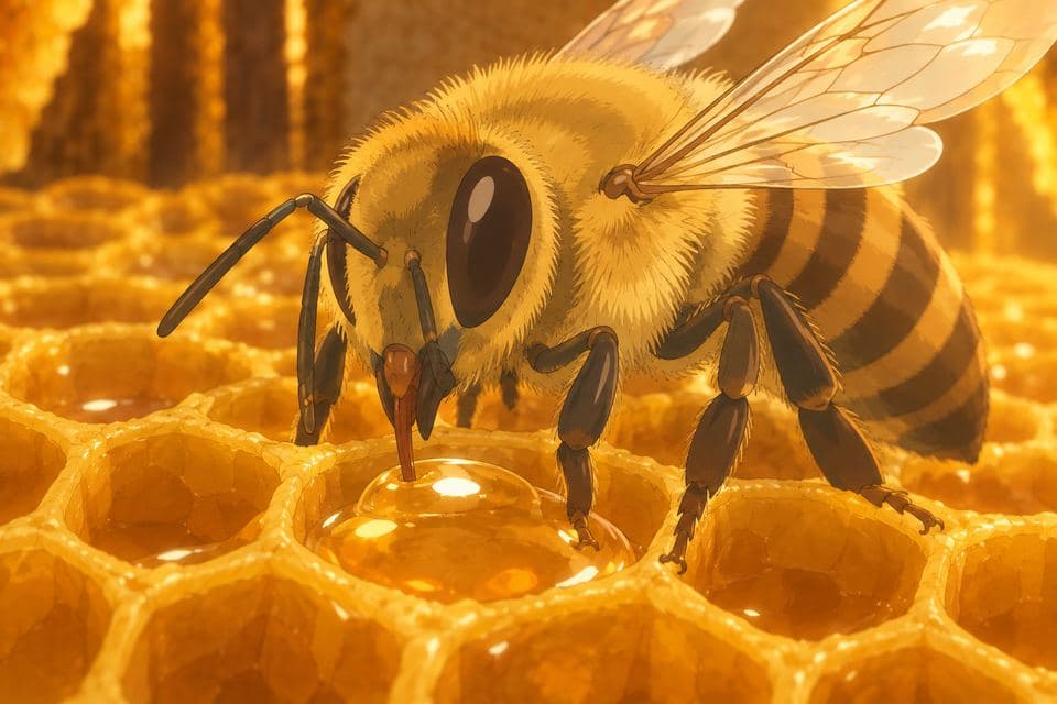 Close-up of Hazel working a bead of nectar on the comb