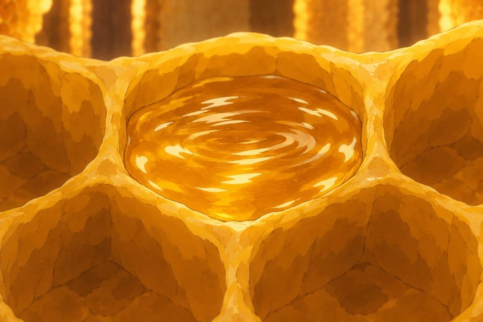 Close-up of a filled comb cell rippling in the moving air