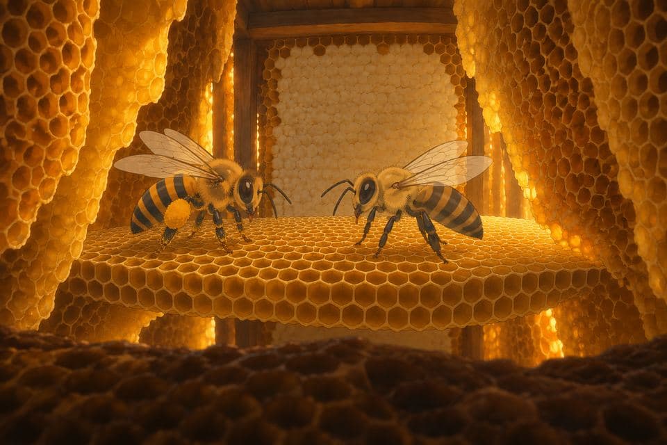 Hazel beside a block of capped cells with Bella nearby