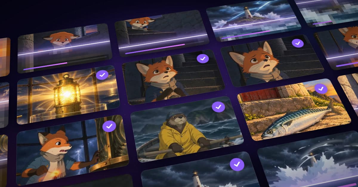 EasyVid generating every scene of an animated story about Pip, a fox who keeps a lighthouse