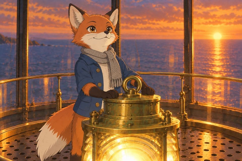 Pip the fox at the lit lamp in the lighthouse lamp room at sunset