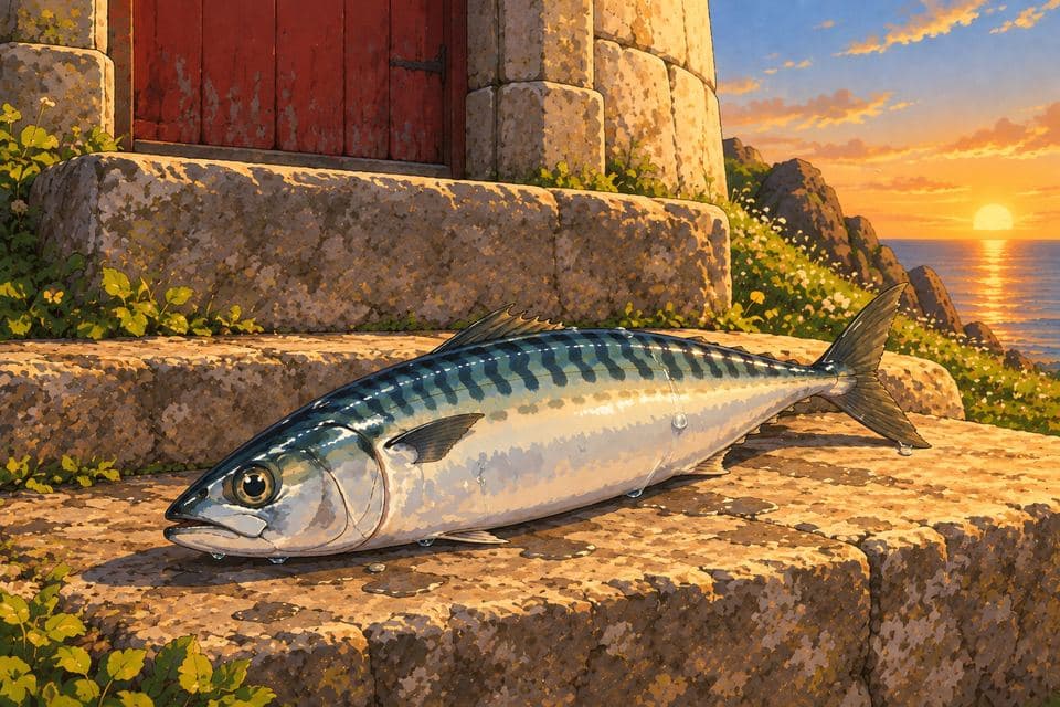 A fish lying on the lighthouse doorstep at dawn