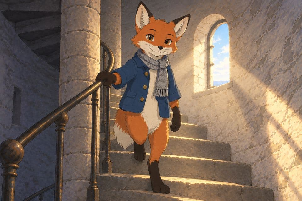 Pip walking up the sunlit stairs without the lantern