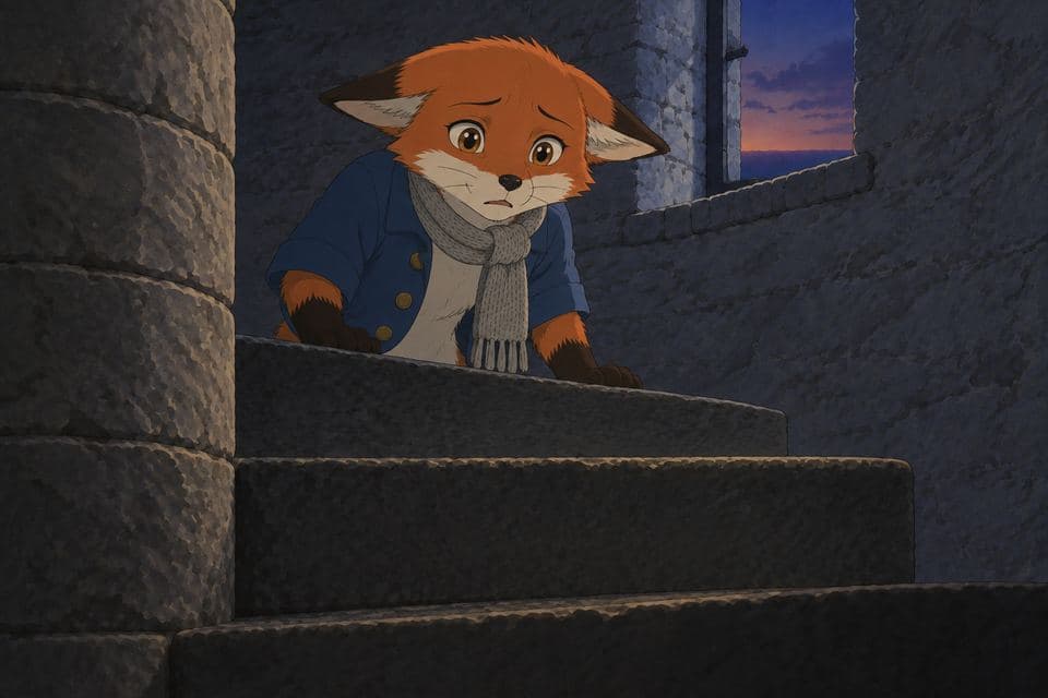 Pip at the top of the spiral stairs, peering down into the shadows