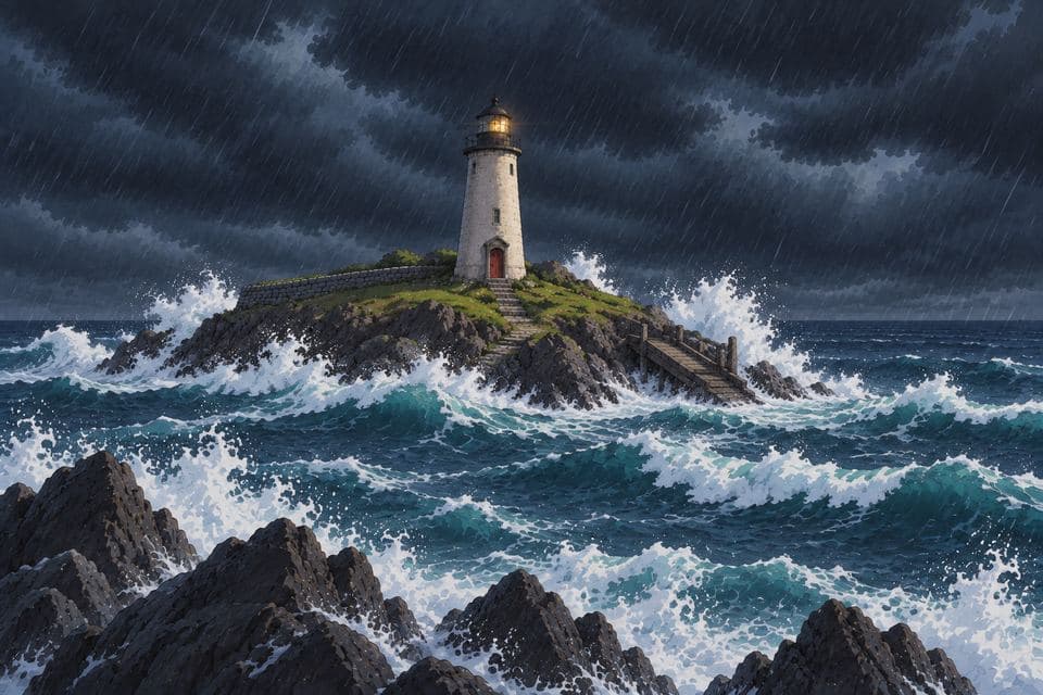 Wide shot of the lighthouse island with storm waves breaking on the rocks