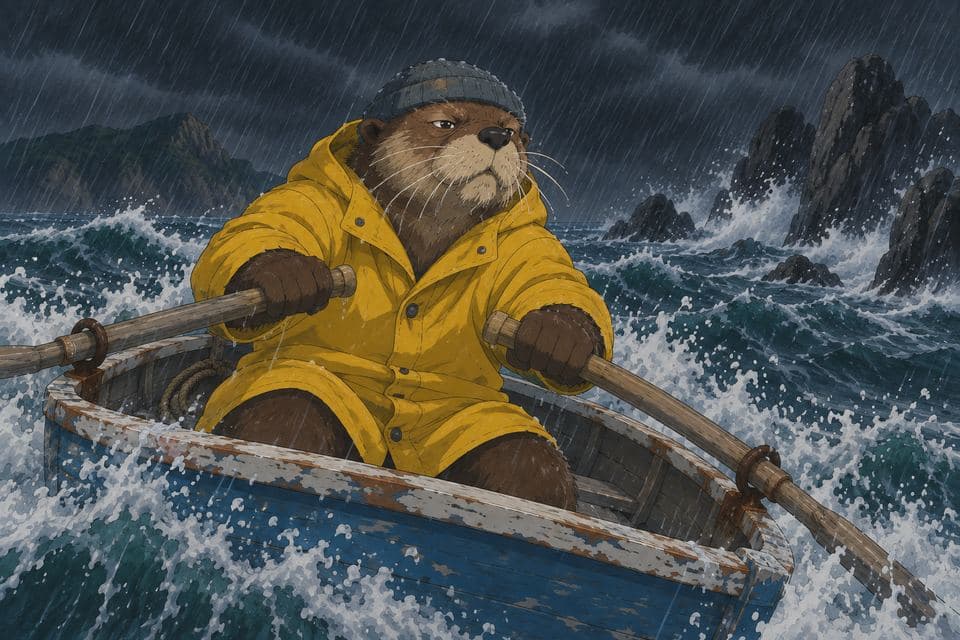 Bram the otter rowing his boat through the storm