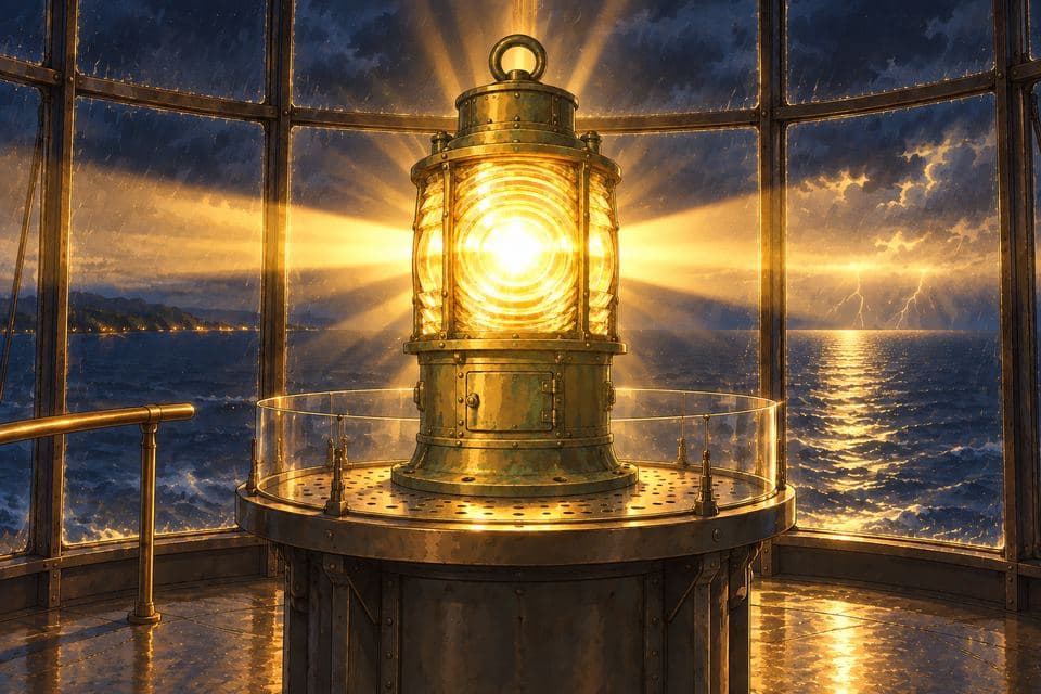 Close-up of the great lamp in the lamp room at night