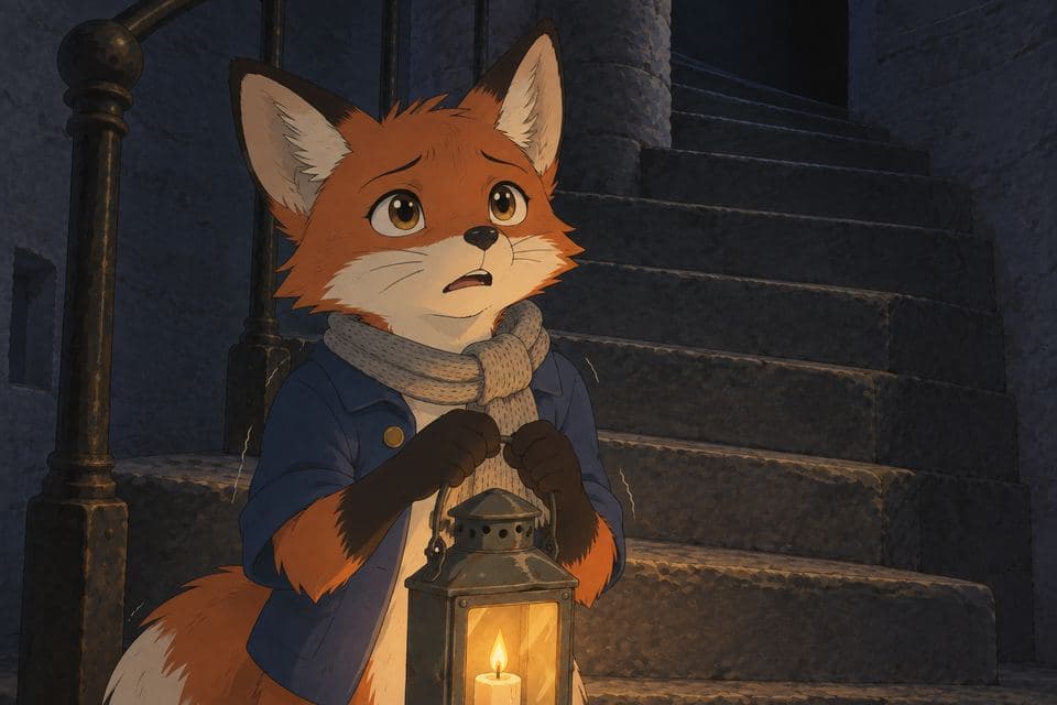 Pip at the foot of the dark stairs holding a small lit lantern
