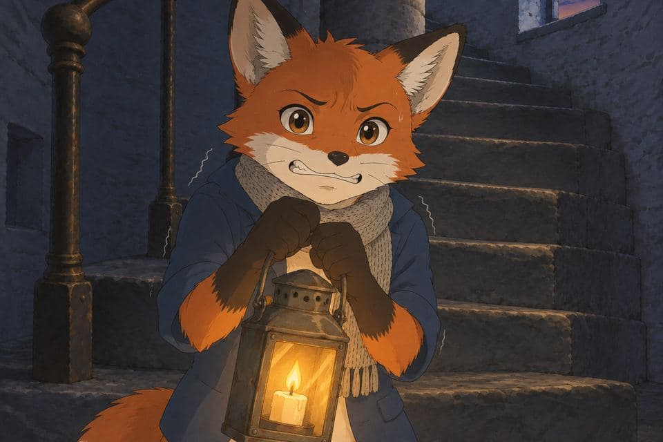 Pip facing the camera at the foot of the stairs, gripping the lantern