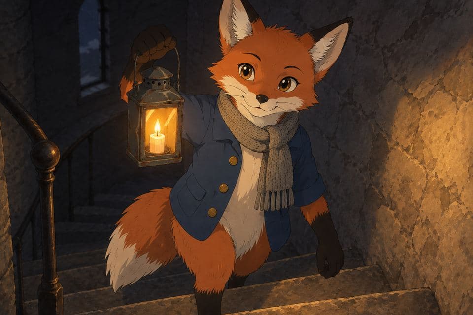 Pip climbing the dark spiral stairs with the lantern raised