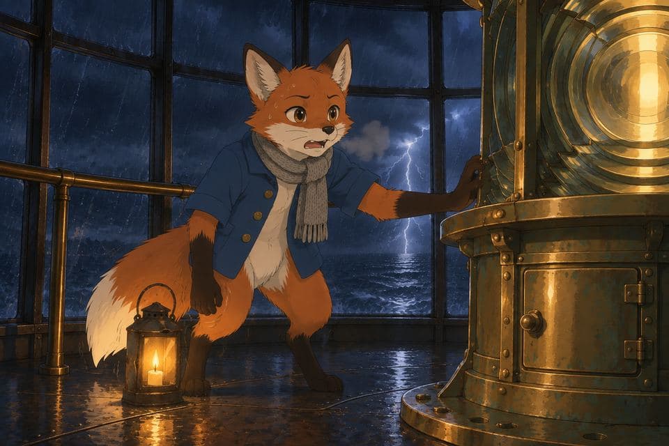 Pip relighting the great lamp in the stormy lamp room