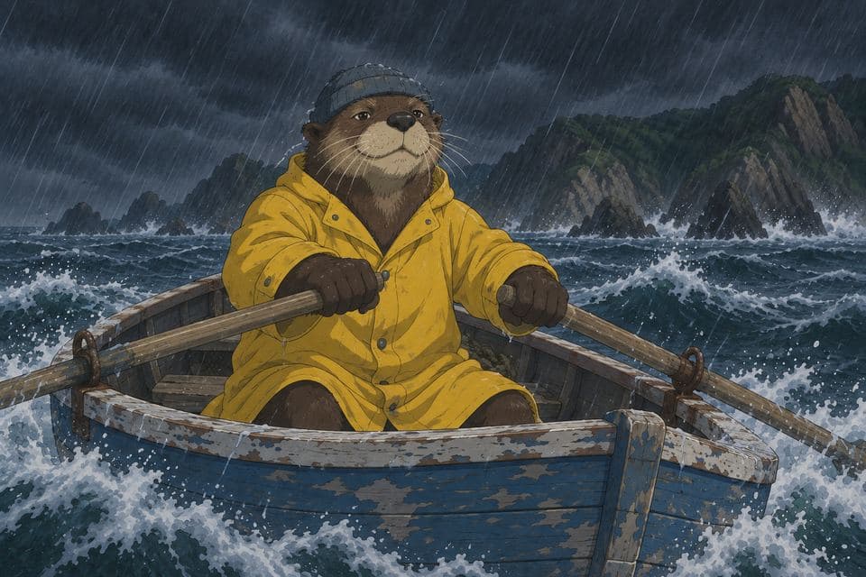 Bram turning his rowboat toward shore in the rain, smiling
